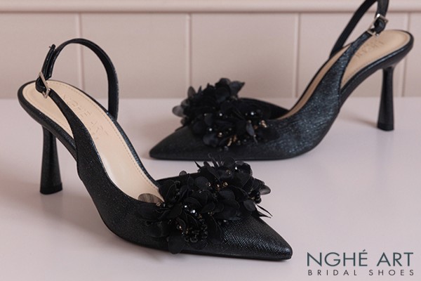 Giày cưới Nghé Art slingback cụm hoa voan pha lê 573-535 - Đen - 9 phân