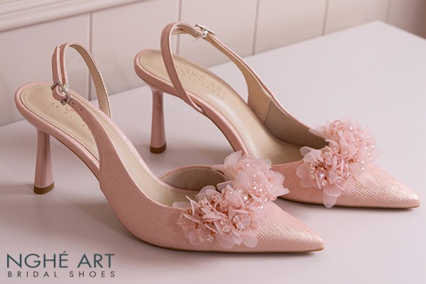 Giày cưới Nghé Art slingback cụm hoa voan pha lê 573-535 - Hồng pastel - 7 phân