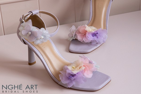 Giày cưới Nghé Art sandal tím pastel hoa voan hồng vàng xanh 574-566-9P-DA-TIM - Tím pastel - 9 phân