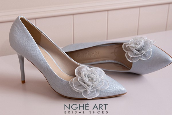 Giày cưới Nghé Art 10 cm hoa hồng phối pha lê 575-XAM-377-10P-NHU-XAM - Xám xanh pastel - 10 phân