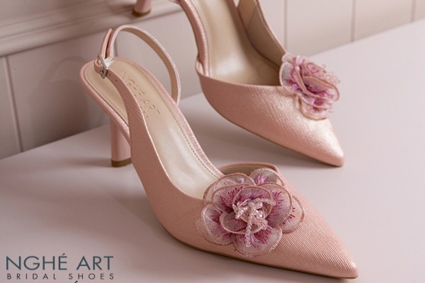 Giày cưới Nghé Art slingback hoa hồng phối pha lê 575-HONG-535-NHU-HONG - Hồng pastel - 7 phân