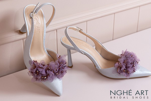 Giày cưới Nghé Art slingback cụm hoa voan pha lê 573-535 - Xám xanh pastel - 9 phân
