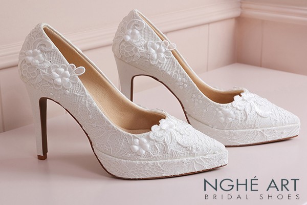 Giày cưới Nghé Art cao gót ren hoa nhũ trắng 568-543-12P-NHU-TRANG - Trắng - 12 phân