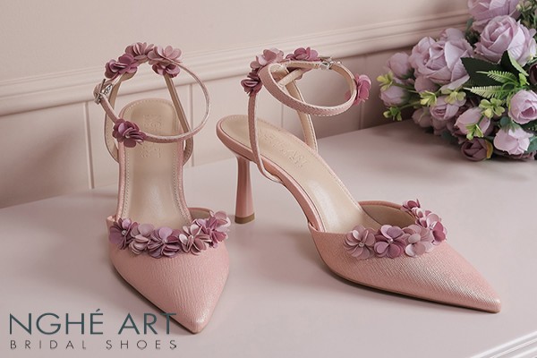 Giày cưới Nghé Art cao gót quai chéo hồng hoa tím pastel 604-TIM-590-9P-NHU-HONG - Hồng pastel - 9 phân