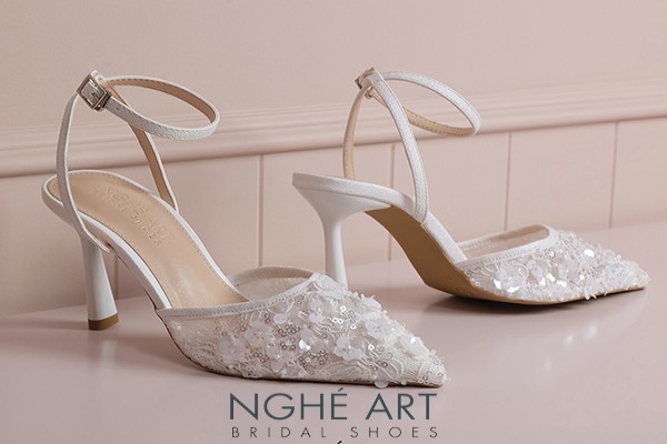 Giày cưới Nghé Art cao gót ren lưới kim sa 594-9P-LUOI-KIMSA - Trắng - 9 phân