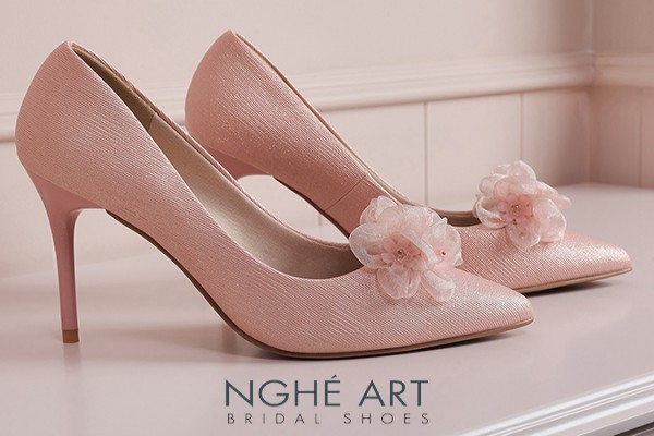 Giày cưới Nghé Art cao gót hồng đính hoa pastel 602-HONG-377-10P-NHU-HONG - Hồng pastel - 10 phân