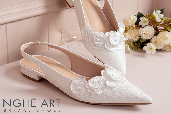 Giày cưới Nghé Art slingback dáng bệt đính hoa 601-593-2P-NHU-TRANG - Trắng - 2 phân