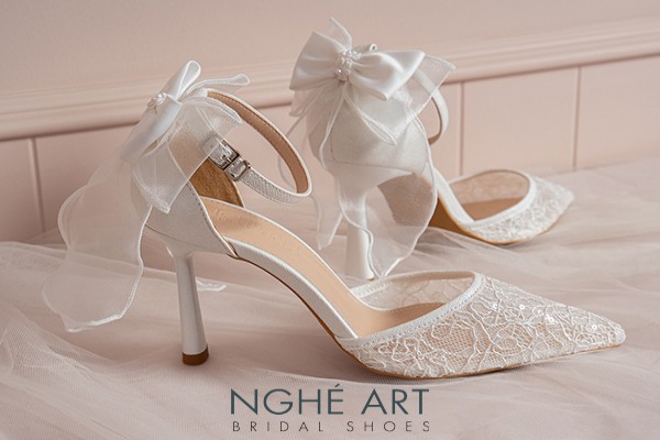 Giày cưới Nghé Art ren lưới kim sa gót nơ 606-595-9P-LUOI-TRANG - Trắng - 9 phân