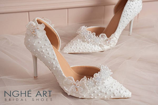 Giày cưới Nghé Art cao gót ren cao cấp hoa pha lê 611-442-NHU-TRANG - Trắng - 9 phân